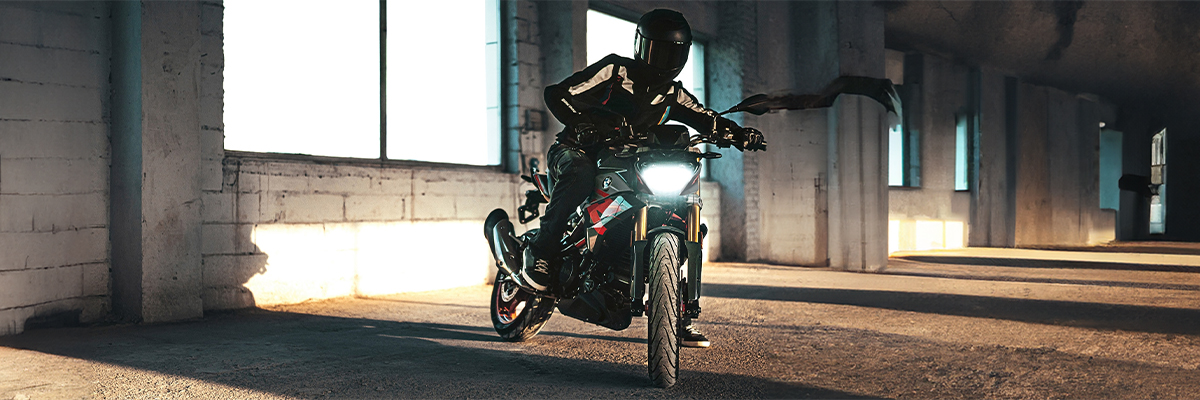A BMW Motorcycle rider ont the way to see scenic routes in Northern California.