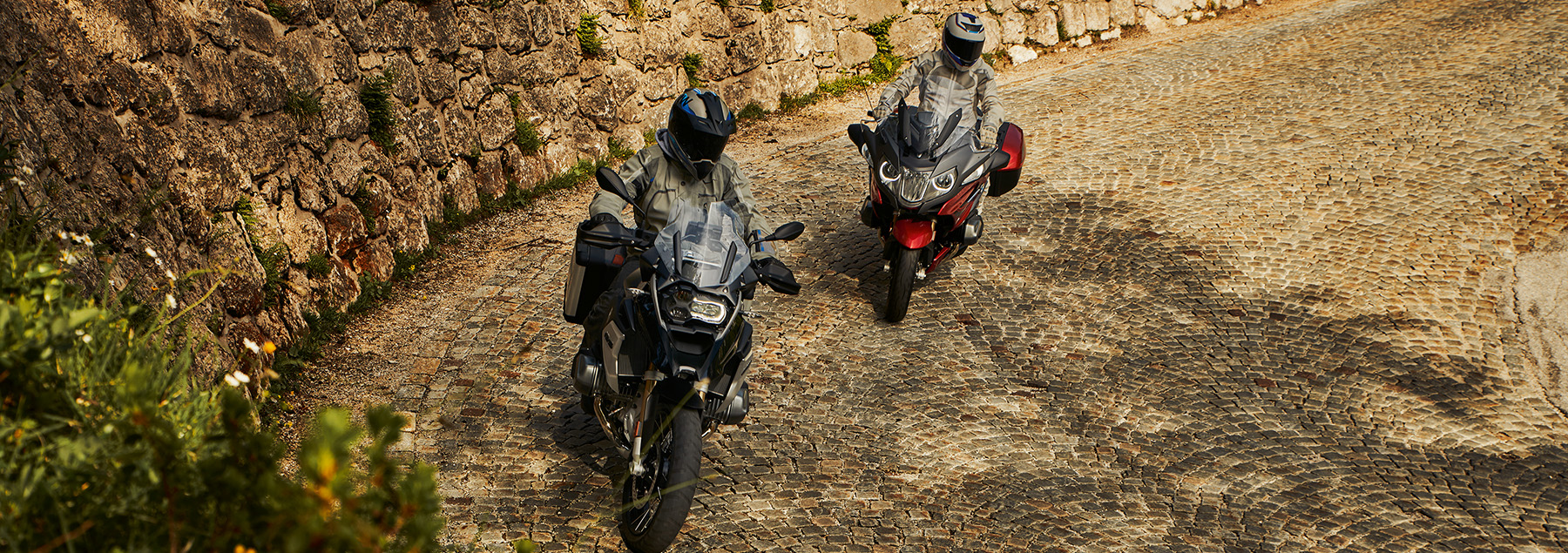 Two BMW Motorcycles riding to a geothermal site in Northern California.