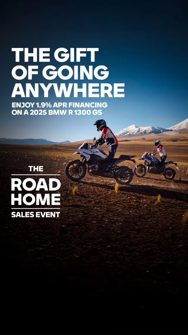 You’re invited to your local NorCal BMW Motorrad dealer to come demo ride this holiday season. Lead the way on the R 1300 GS. With EVO Telelever and EVO Paralever suspension, the R 1300 GS delivers remarkable stability and precision both on- and off-road. A lightweight frame and advanced chassis design create a ride that feels balanced, responsive, and ready for your next adventure across a variety of terrains. For a limited time, enjoy 1.9% APR financing on the 2025 R 1300 GS during The Road Home Sales Event. Come demo ride and Make Life a Ride today.  #SpiritOfGS #MakeLifeARide #BMWMotorradUSA #TheRoadHomeSalesEvent
#NorCalBMWMotorcycles